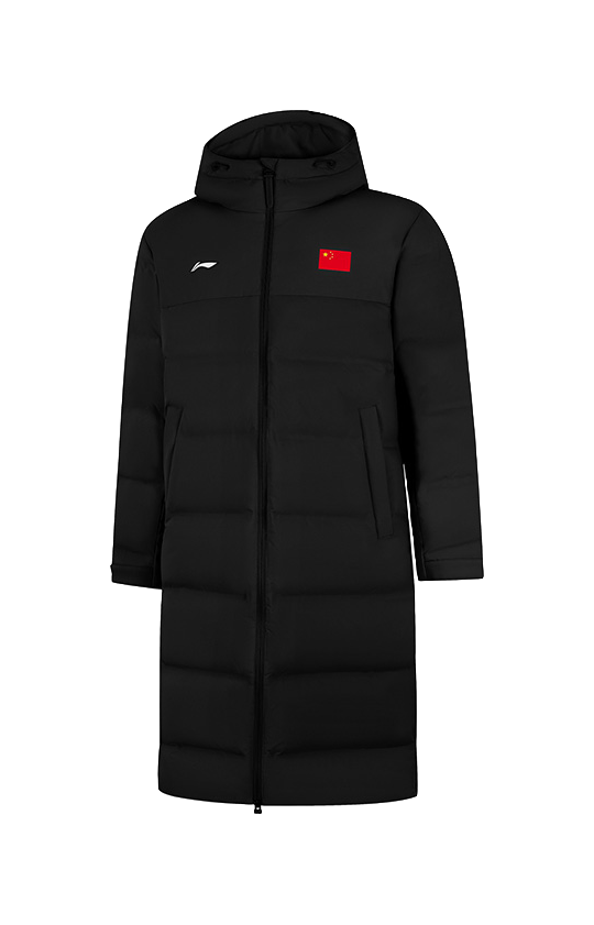 Li-Ning black hooded down coat, zip-front, red logo patch on chest