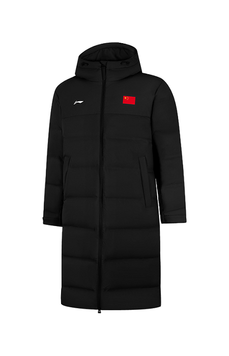 Li-Ning black hooded down coat, zip-front, red logo patch on chest