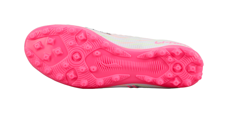 Youth multi-ground soccer shoe outsole, pink rubber with stud pattern