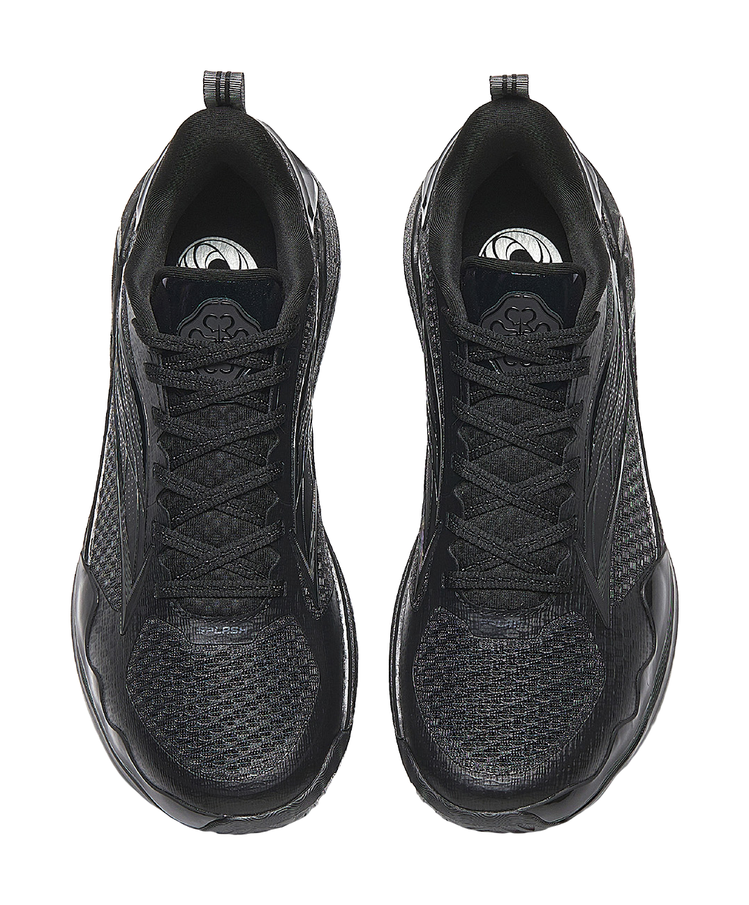Low-top basketball sneakers, front view of black lace-up uppers with padded collar
