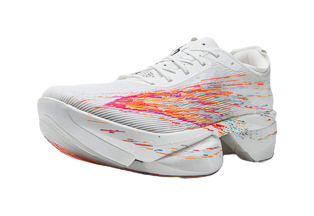 White unisex marathon racing shoe with multicolor splash pattern and padded collar.