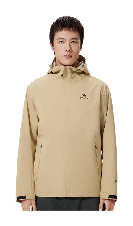 Beige hooded windbreaker jacket with front zipper and small chest logo