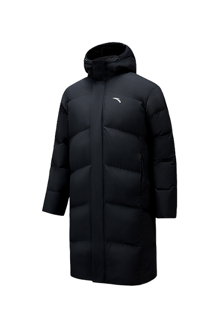 Men's black long puffer down jacket, side view with hood and zipper