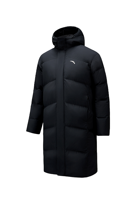 Men's black long puffer down jacket, side view with hood and zipper