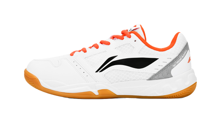 White and orange badminton shoe with black logo and orange laces