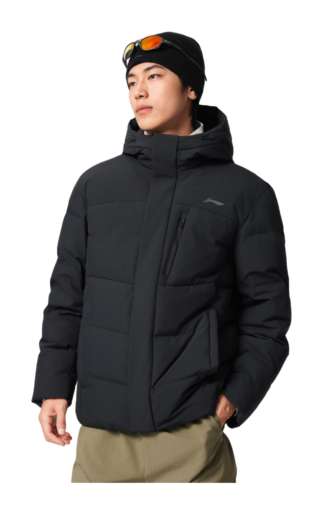 Men's black hooded down jacket with full-zip front and small chest logo