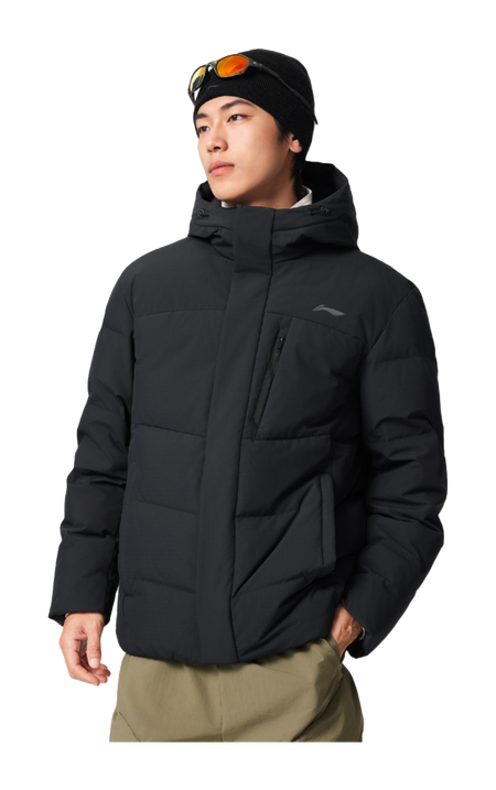 Men's black hooded down jacket with full-zip front and small chest logo