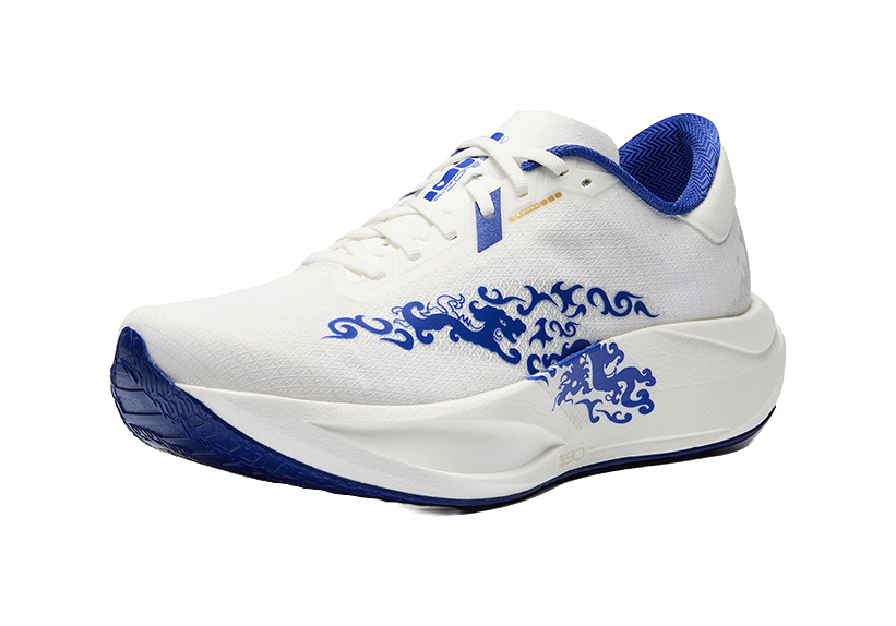 White low-top running shoe with blue laces, side crest logo, and cushioned midsole