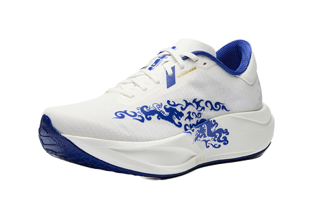 White low-top running shoe with blue laces, side crest logo, and cushioned midsole