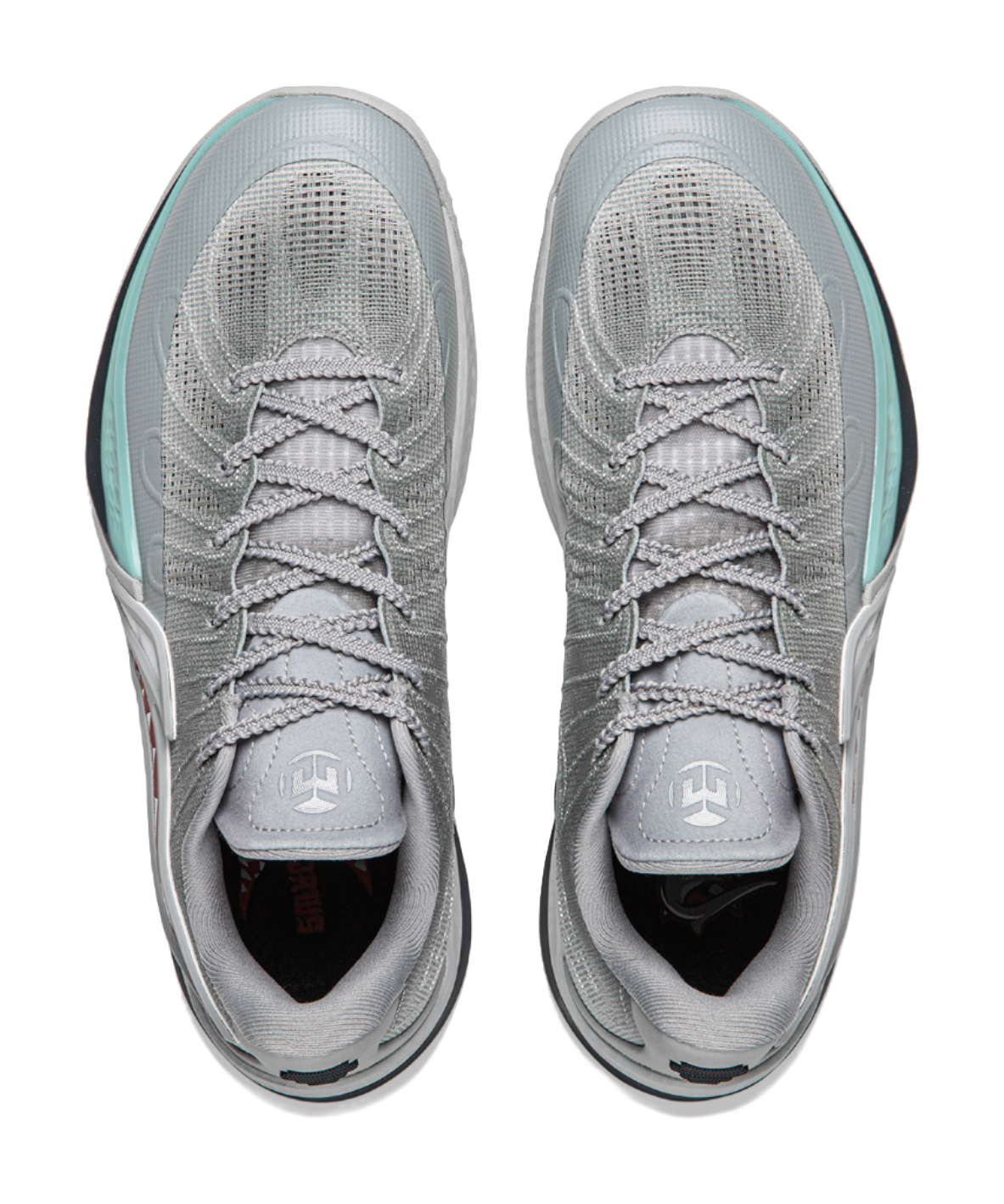Gray mesh basketball shoes with gray laces and teal side panels
