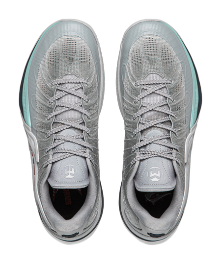 Gray mesh basketball shoes with gray laces and teal side panels