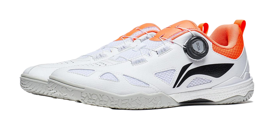 Li-Ning table tennis shoe in white, orange laces and collar, black logo