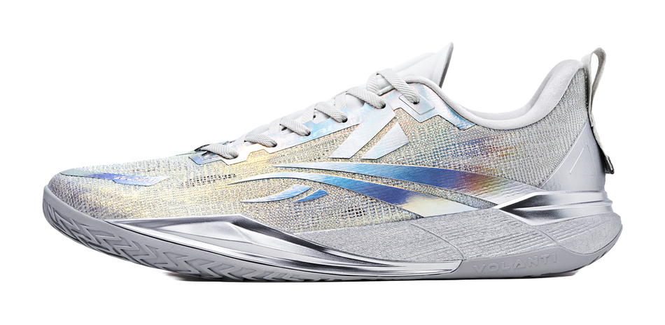 Volanti basketball shoes, white knit with multicolor speckle, silver-blue sole