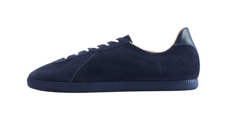 Navy low-top lace-up training shoes with smooth fabric upper