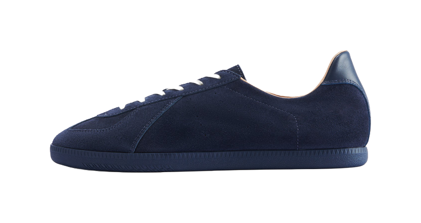 Navy low-top lace-up training shoes with smooth fabric upper