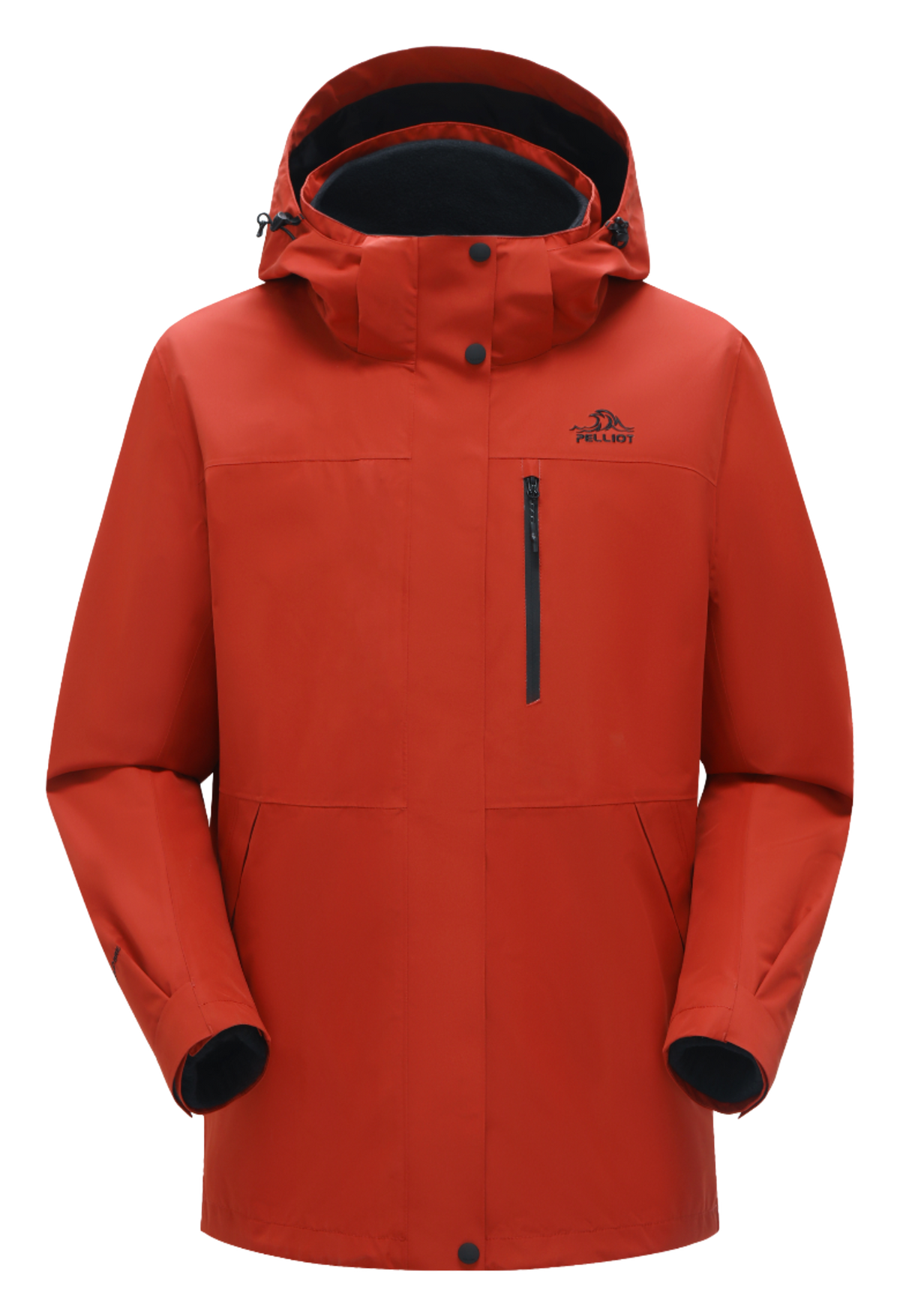 Burnt orange men’s hooded windbreaker jacket with zip front and chest zip pocket