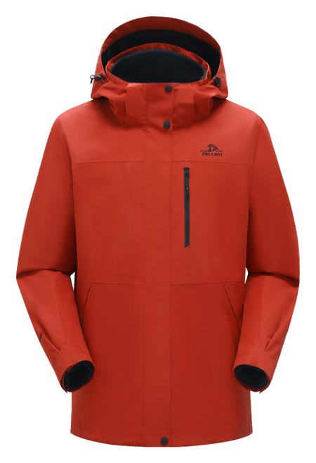 Burnt orange men’s hooded windbreaker jacket with zip front and chest zip pocket