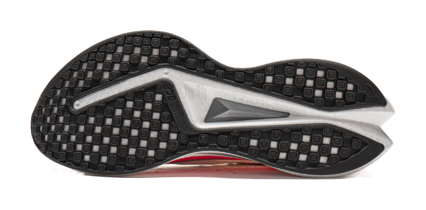 Li-Ning running shoe tread view, black rubber outsole with geometric traction pattern