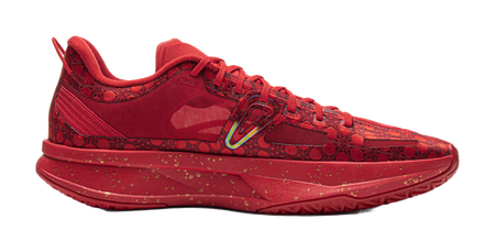 Unisex low basketball shoe, red textured upper with lace-up and side stripe