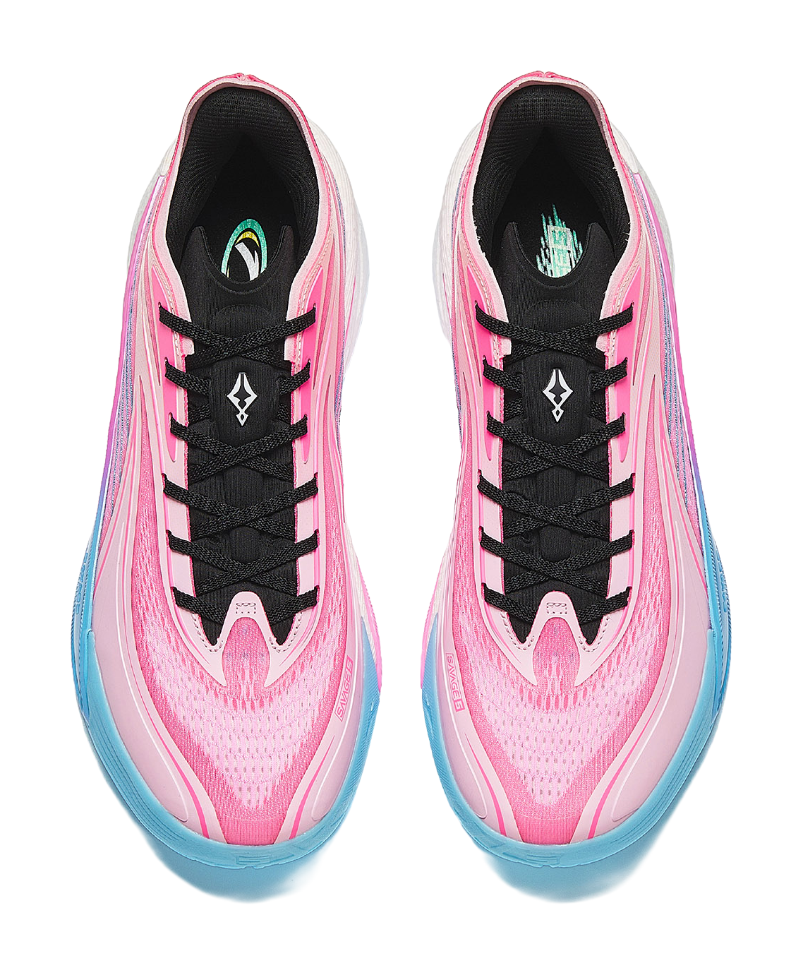 Pair of pink lace-up sneakers with black eyelets and blue outsole