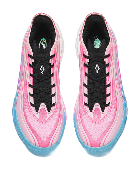 Pair of pink lace-up sneakers with black eyelets and blue outsole