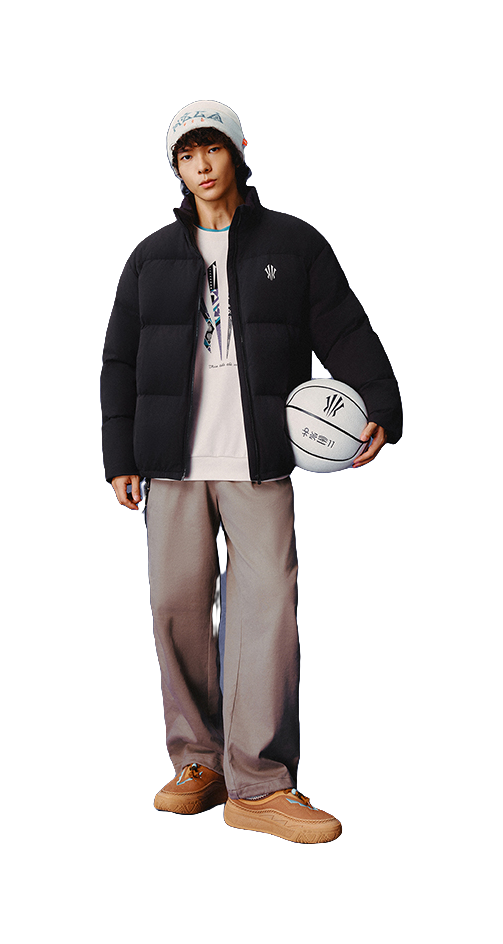 Black puffer down jacket with zip front and stand collar, side view