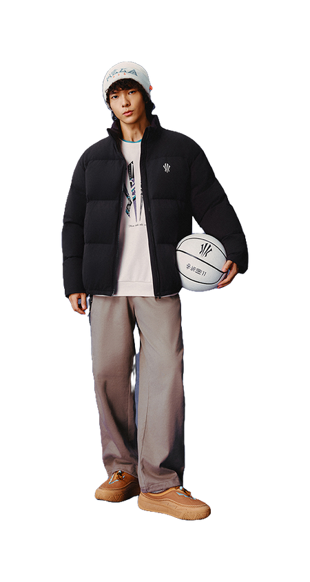 Black puffer down jacket with zip front and stand collar, side view