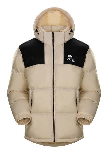 Beige and black color-block hooded down puffer jacket with CAMEL logo, full-zip front.