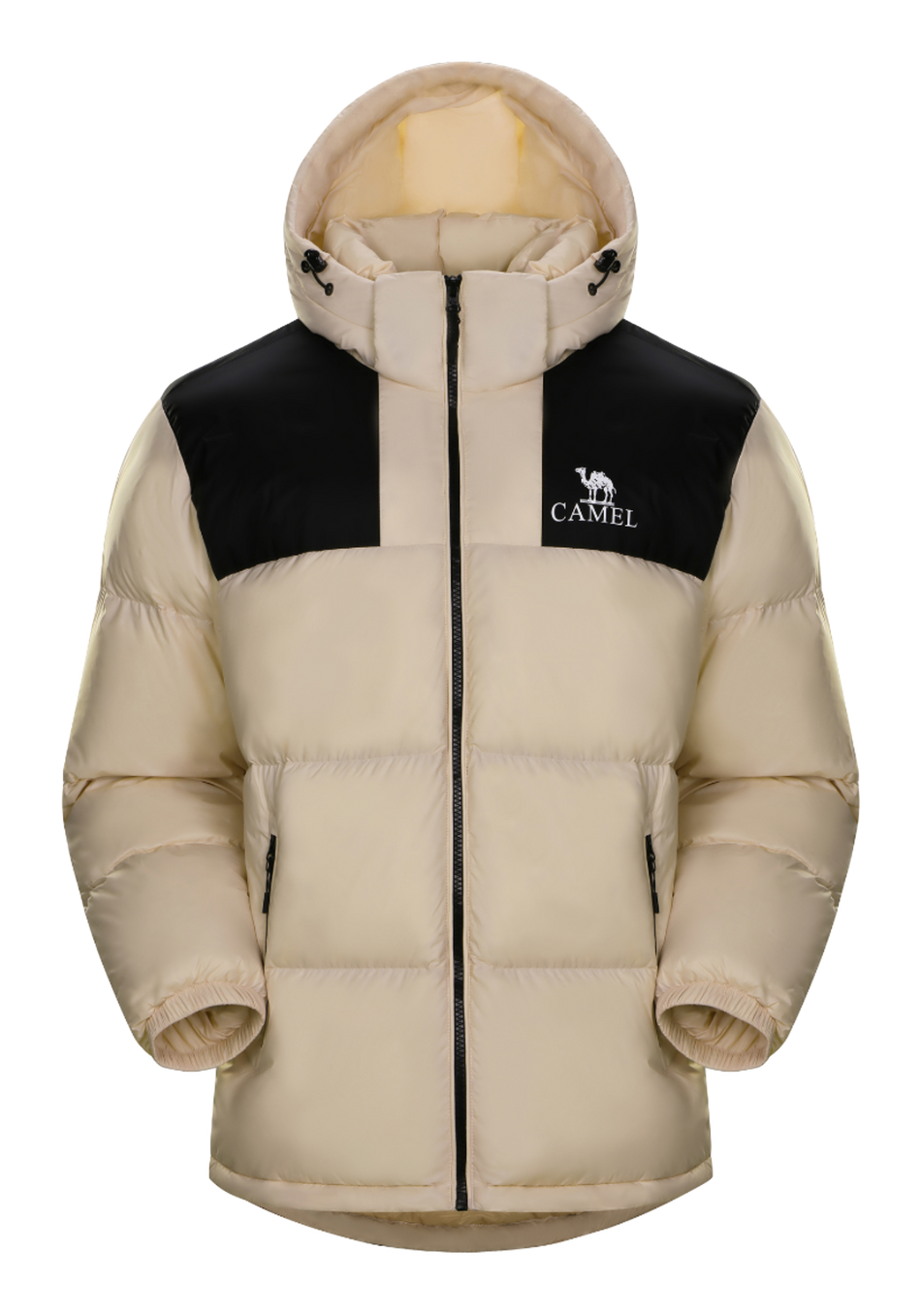 Beige and black color-block hooded down puffer jacket with CAMEL logo, full-zip front.