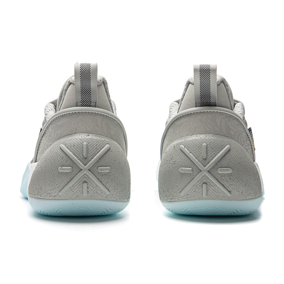 Men's grey basketball shoe heel view with cushioned collar and light blue sole