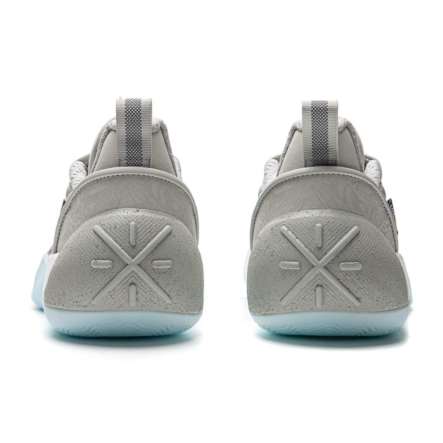 Men's grey basketball shoe heel view with cushioned collar and light blue sole