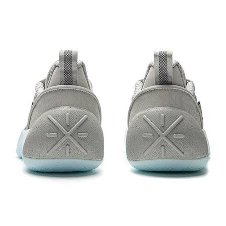 Men's grey basketball shoe heel view with cushioned collar and light blue sole