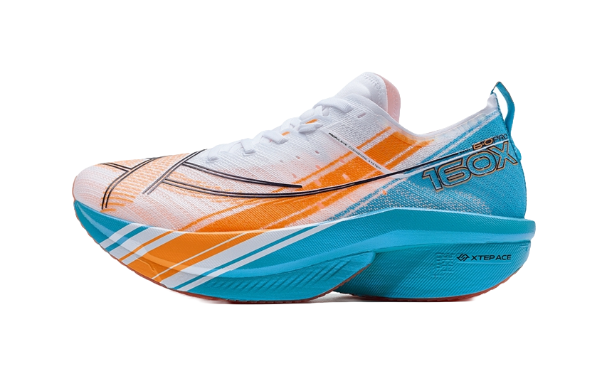 Women's low-top running shoes in white mesh with orange and blue accents, lace-up
