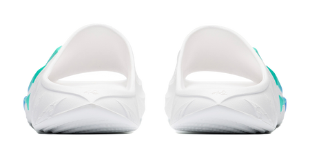 Men's white slide sandals front view with blue and teal green accent stripes