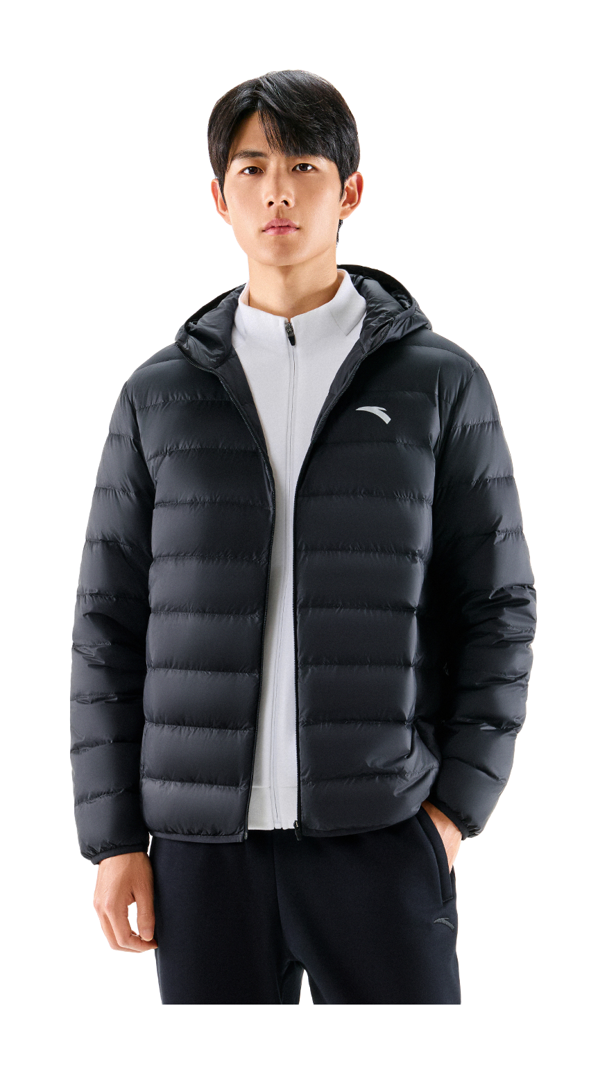 Black hooded puffer down jacket with zip-front and small chest logo