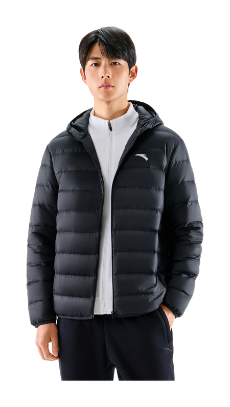 Black hooded puffer down jacket with zip-front and small chest logo