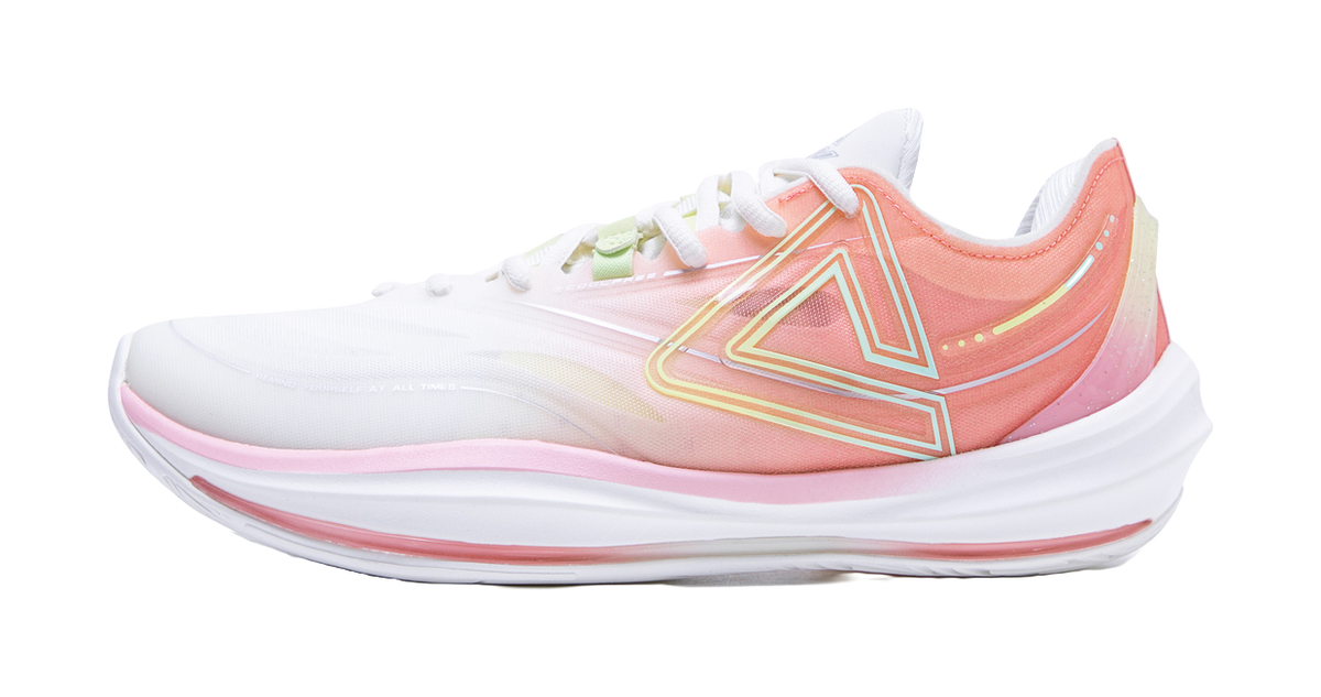 Lightweight basketball shoe with pink and green upper, white sole and lace-up front