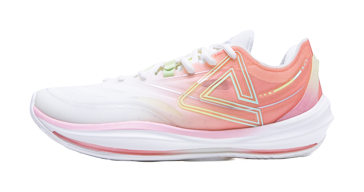 Lightweight basketball shoe with pink and green upper, white sole and lace-up front
