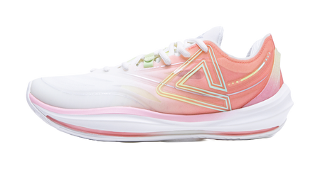 Lightweight basketball shoe with pink and green upper, white sole and lace-up front