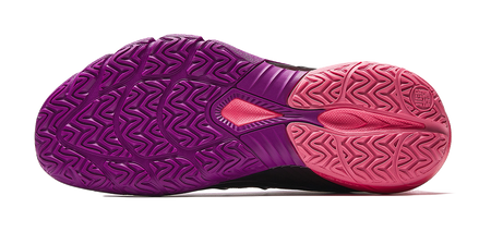 Low-top basketball shoes outsole view; purple tread with pink forefoot and heel.