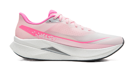 Pink running shoe side view with white laces, gray sole, pink logo and floral accents