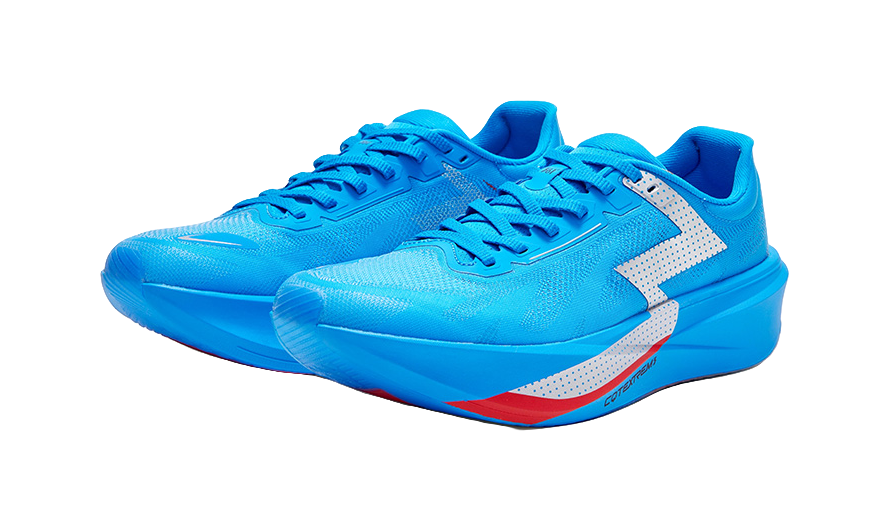 Pair of unisex low running shoes, bright blue uppers with white midfoot panels