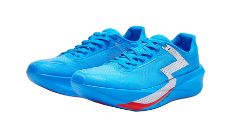 Pair of unisex low running shoes, bright blue uppers with white midfoot panels