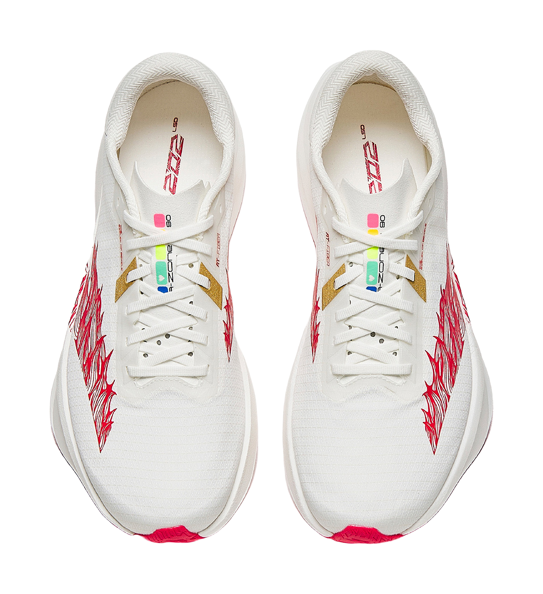 Pair of white lace-up running shoes with red dragon print and padded tongues