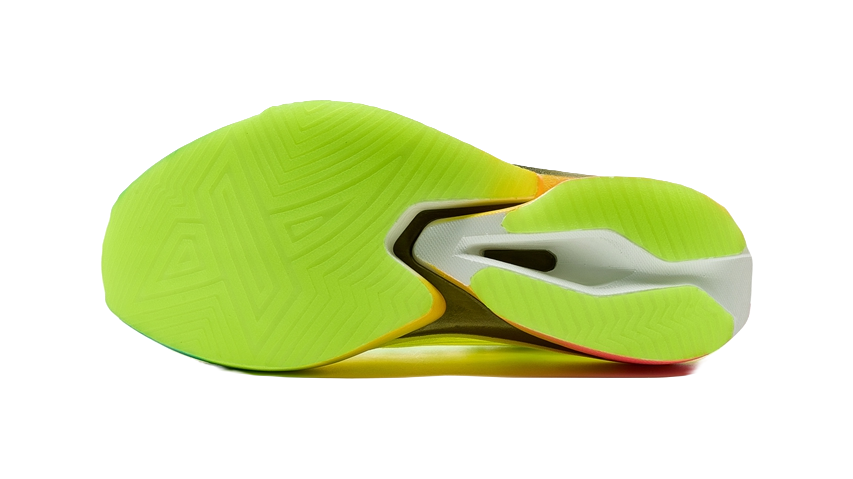 Neon green low-top running shoes with textured tread underside and white rubber patch