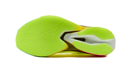 Neon green low-top running shoes with textured tread underside and white rubber patch