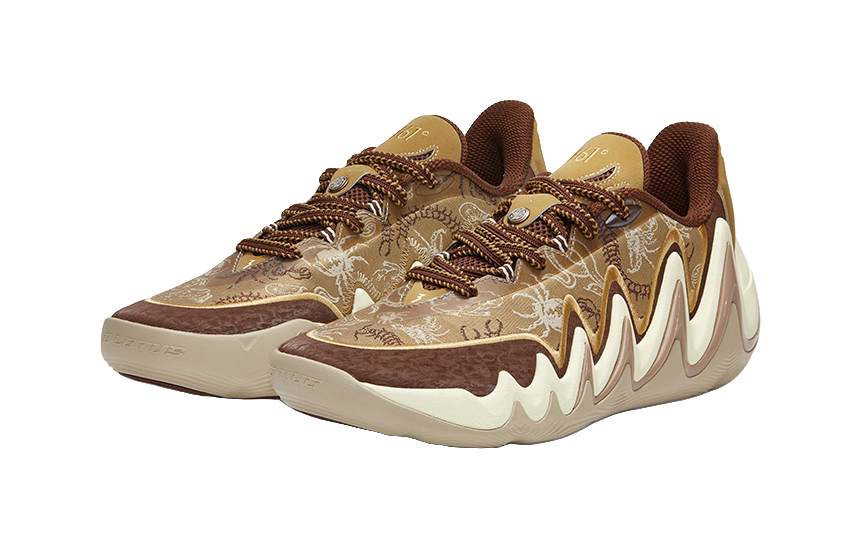 Men's low-top basketball shoes, side view: tan pattern, brown laces, white sole