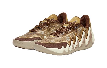 Men's low-top basketball shoes, side view: tan pattern, brown laces, white sole
