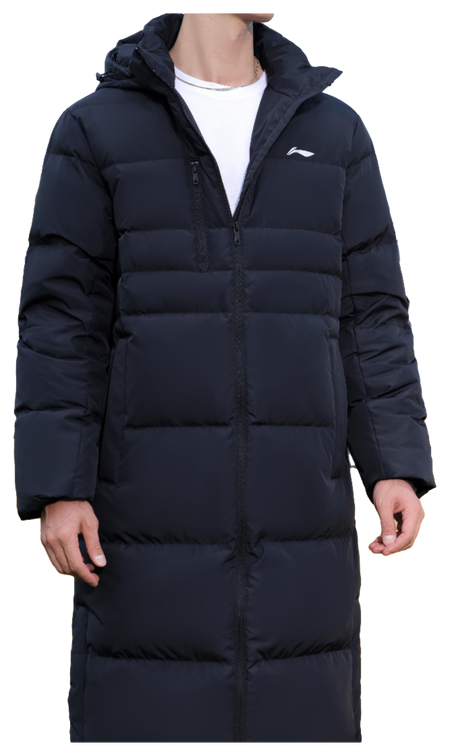 Men's black long puffer down jacket, front view, full zipper and hood