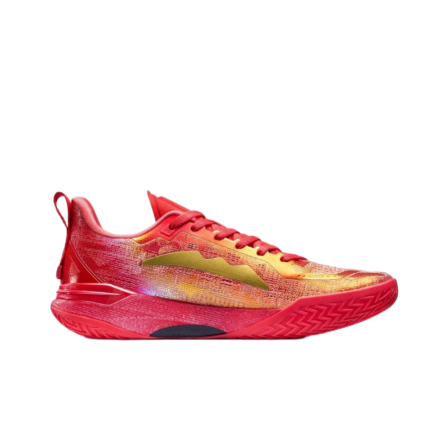 Unisex basketball shoes, red knit upper with gold-to-yellow side panel and zigzag sole.
